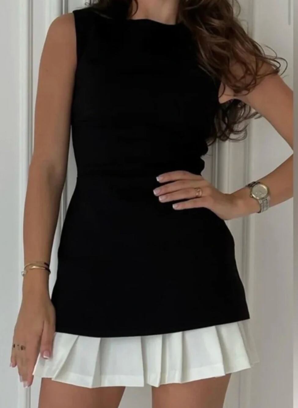 Commense NWT Black Sleeveless Mini Dress White Chiffon Ruffle Hem XS